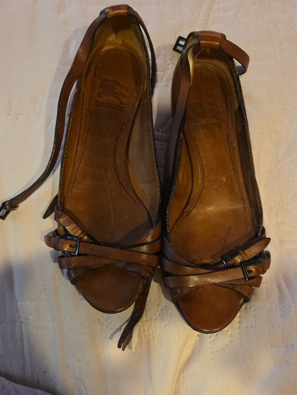 Burberry Brown Leather Peep-Toe Ankle-Strap Flats